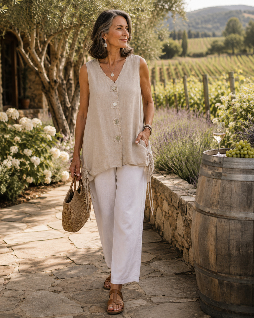 La Fixsun USA Linen Longline Vest Tunic L Natural Flax MOP Buttons Lagenlook